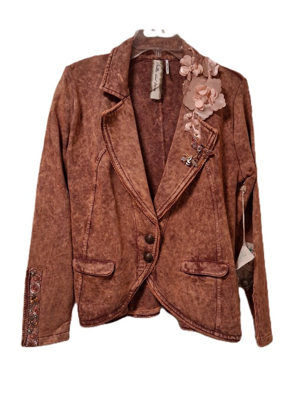 Aratta Washed out Burgundy Pink Colonel Jacket Blazer 2 Pins & Floral Sz S, /B7